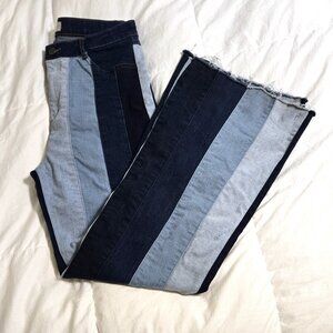 altr'd state striped bellbottom blue jeans 31 raw hem wide leg